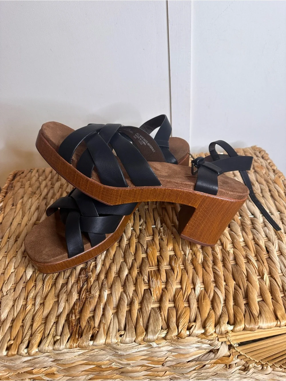 White Mountain Black Crisscross Leather Wedge Sandals